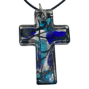 Vtg Murano Style Art Glass Cross Pendant Necklace Black Cord 22" Aqua Dark Blue